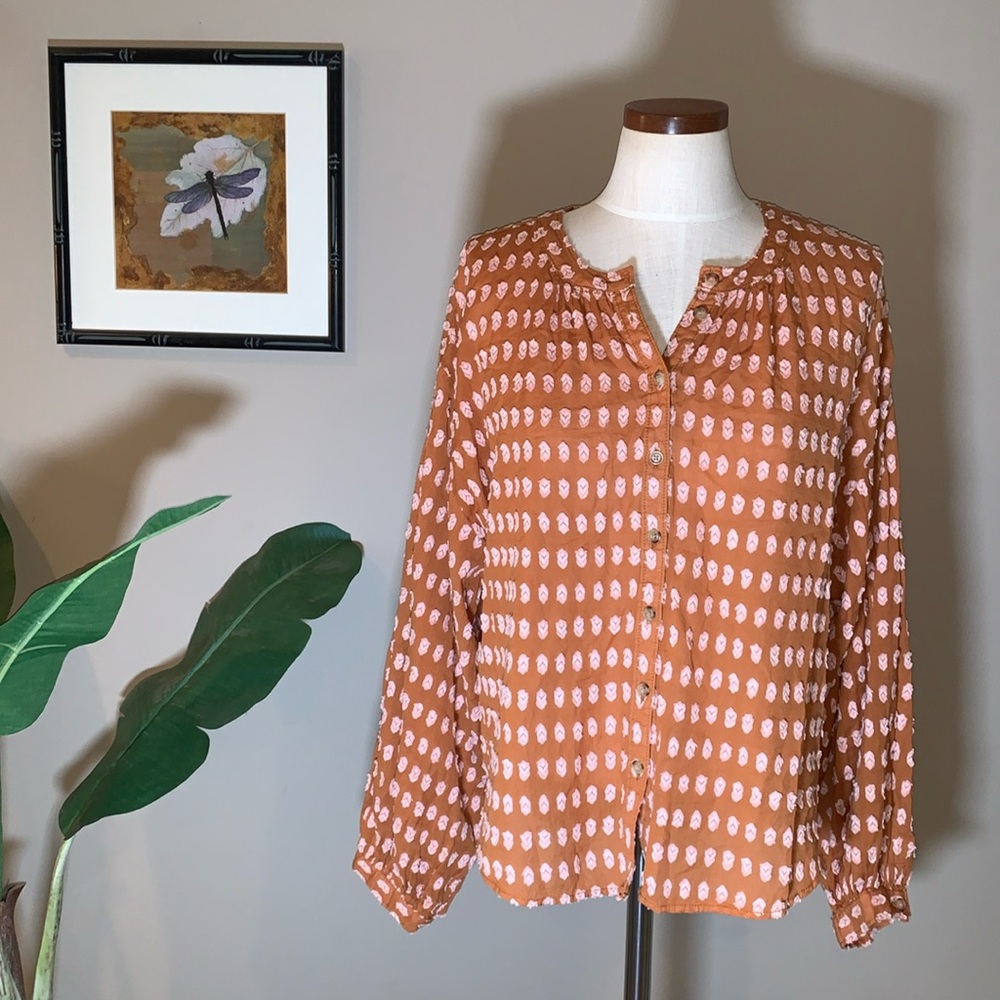 Anthropologie Rust Orange Printed Peasant Blouse - Picture 2 of 16